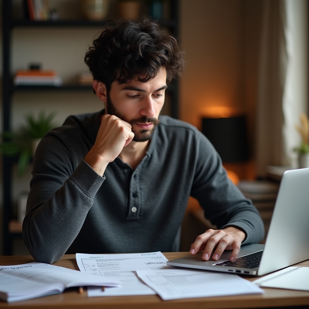 Freiberufliche Person arbeitet am Schreibtisch mit Rechnungen und Laptop