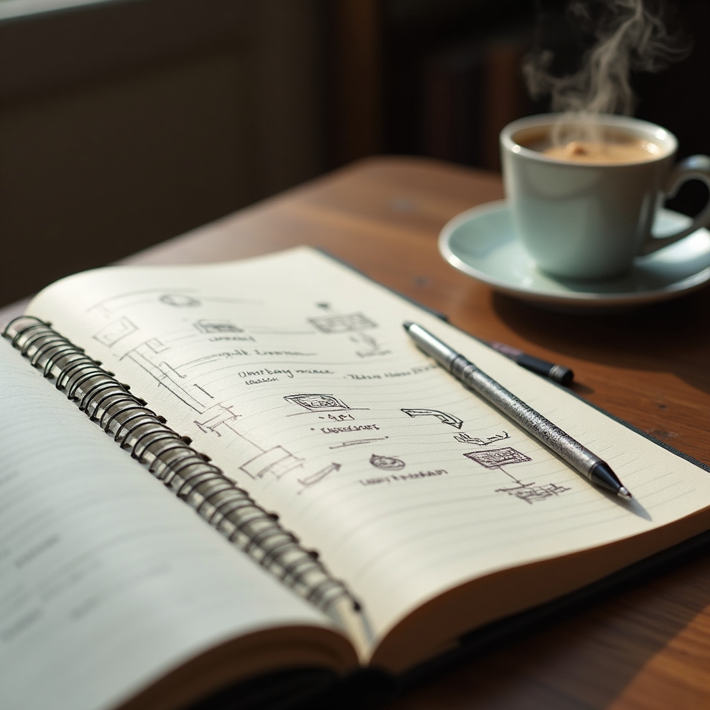 Notizbuch mit handschriftlichen Skizzen zur Modulstruktur neben einer Tasse Kaffee